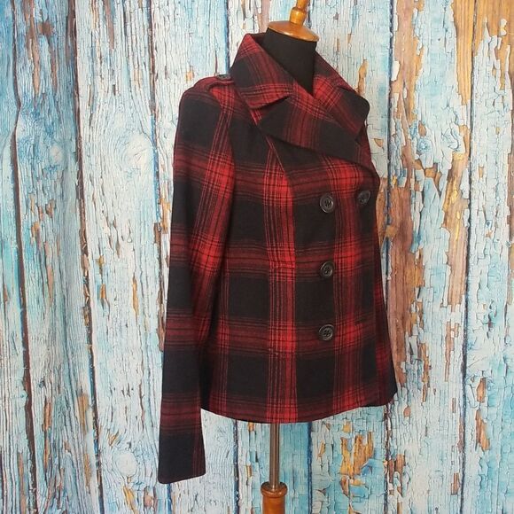 𝅺OLD Navy Wool Pea Coat Red and Navy Plaid - Picture 3 of 12